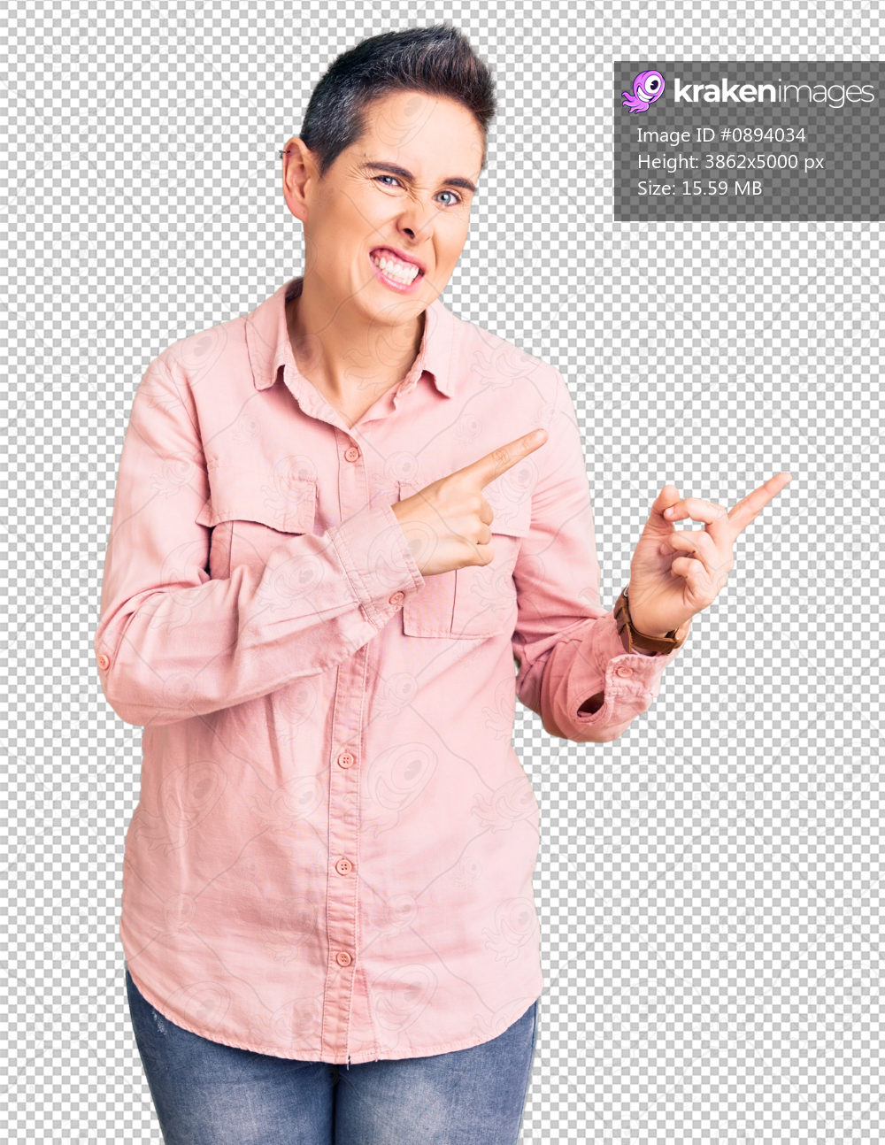 Young woman with short hair wearing casual clothes pointing aside worried and nervous with both hands, concerned and surprised expression