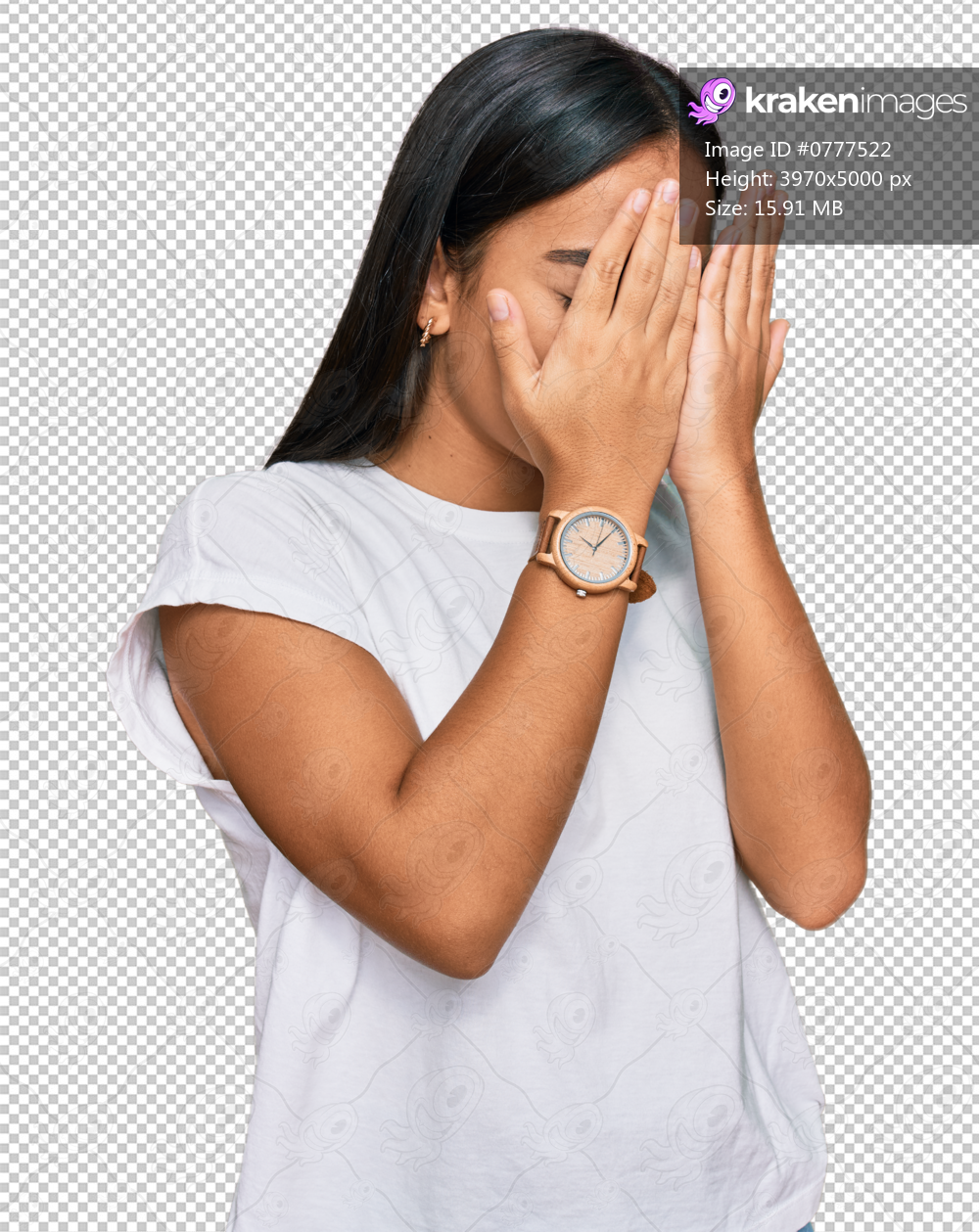 Young asian woman wearing casual white t shirt with sad expression covering face with hands while crying. depression concept.