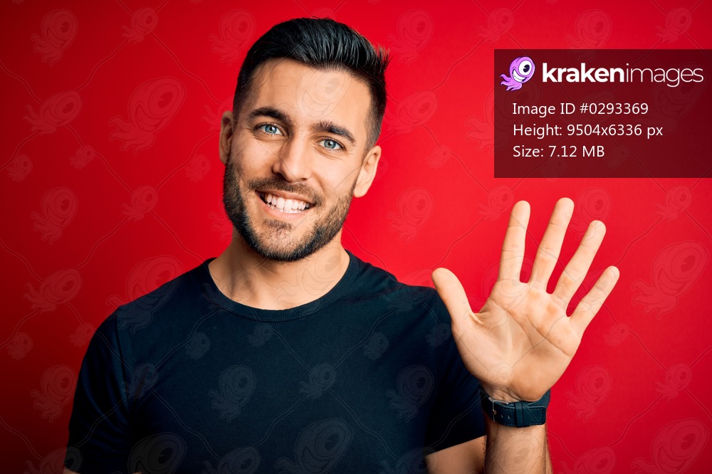 Young handsome man wearing casual black t-shirt standing over isolated red background showing and pointing up with fingers number five while smiling confident and happy.