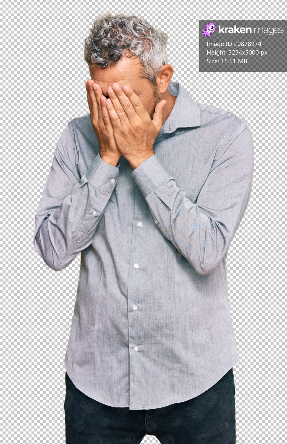 Middle age grey-haired man wearing casual clothes with sad expression covering face with hands while crying. depression concept.