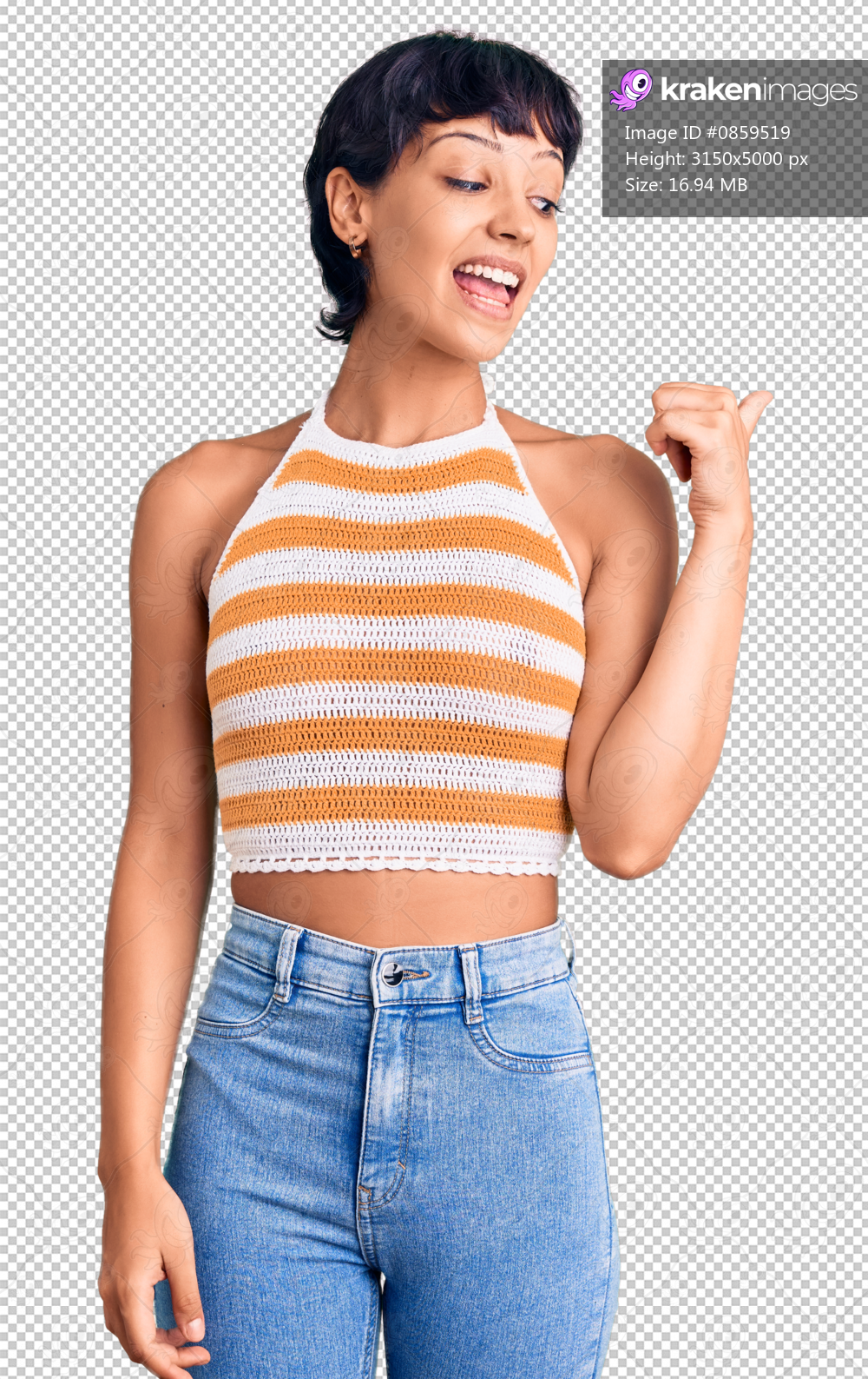 Young brunette woman with short hair wearing casual clothes smiling with happy face looking and pointing to the side with thumb up.