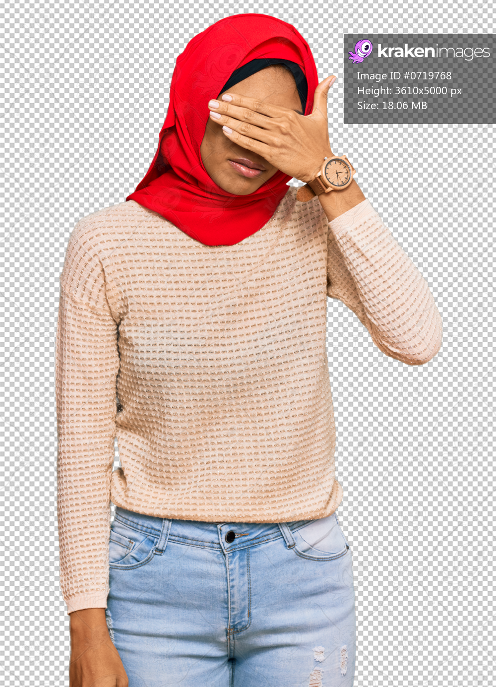 Young african american woman wearing traditional islamic hijab scarf covering eyes with hand, looking serious and sad. sightless, hiding and rejection concept