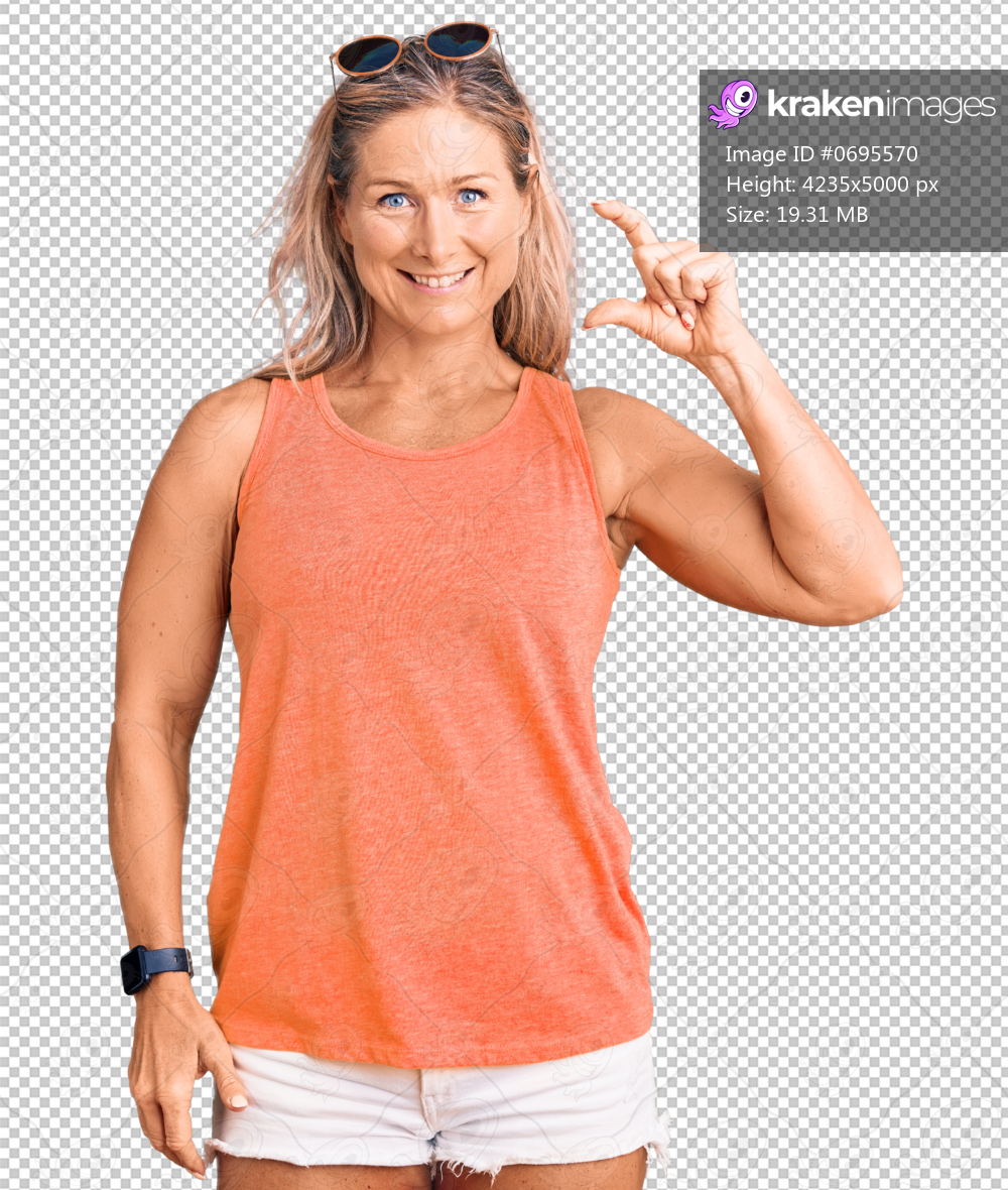 Middle age fit blonde woman wearing casual summer clothes and sunglasses smiling and confident gesturing with hand doing small size sign with fingers looking and the camera. measure concept.