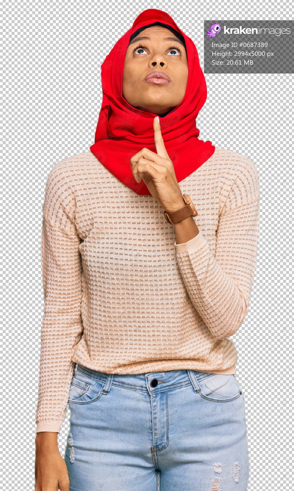 Young african american woman wearing traditional islamic hijab scarf thinking concentrated about doubt with finger on chin and looking up wondering