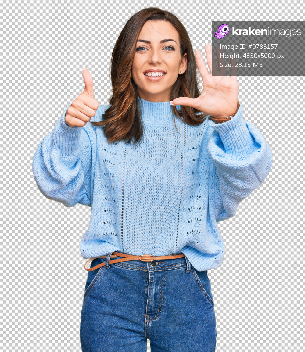 Young brunette woman wearing casual winter sweater showing and pointing up with fingers number six while smiling confident and happy.