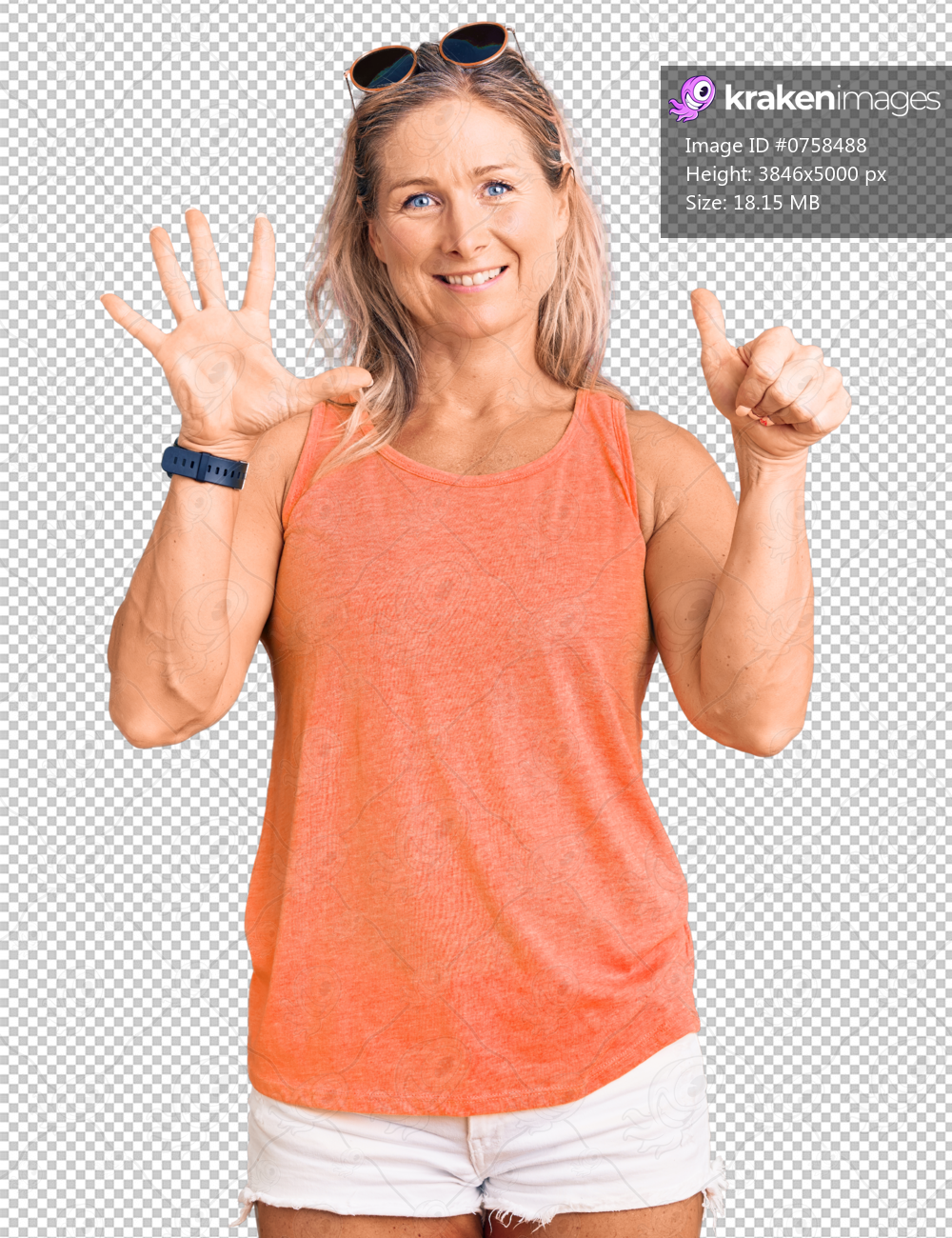 Middle age fit blonde woman wearing casual summer clothes and sunglasses showing and pointing up with fingers number six while smiling confident and happy.