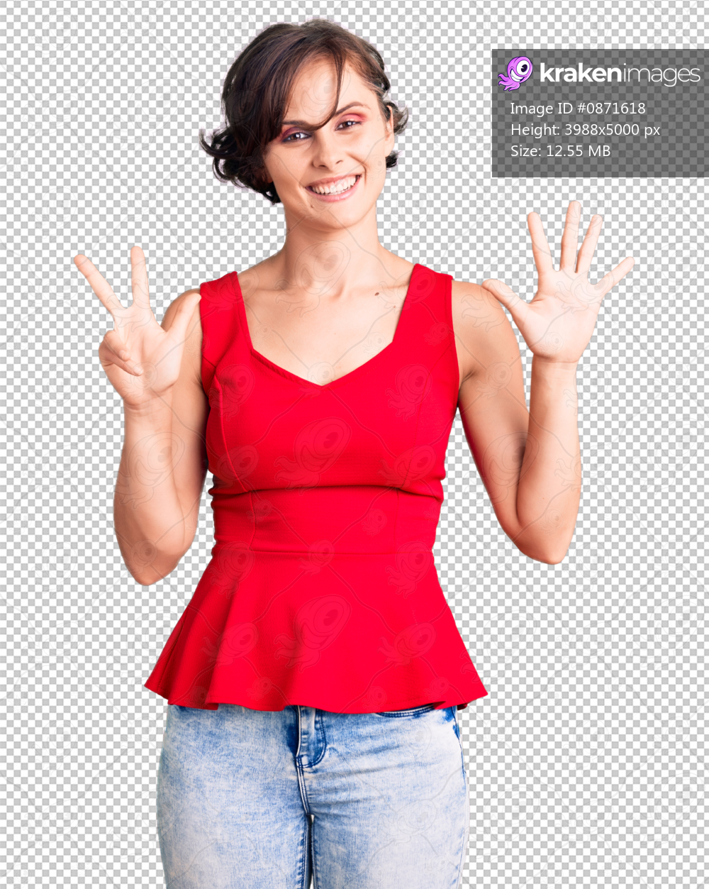 Beautiful young woman with short hair wearing casual style with sleeveless shirt showing and pointing up with fingers number eight while smiling confident and happy.