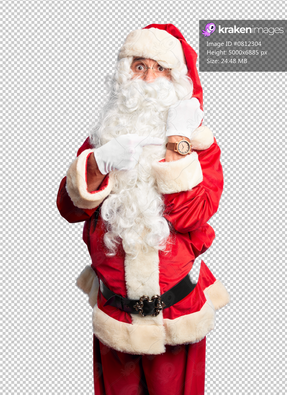 Middle age handsome man wearing Santa Claus costume and beard standing In hurry pointing to watch time, impatience, looking at the camera with relaxed expression
