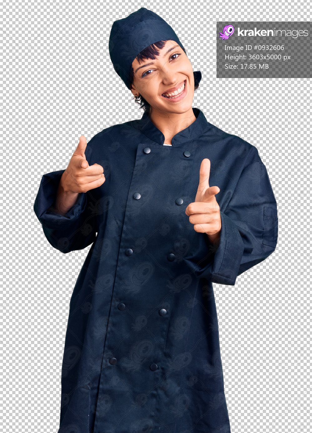 Young brunette woman with short hair wearing professional cook uniform pointing fingers to camera with happy and funny face. good energy and vibes.