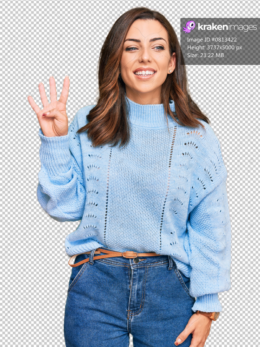 Young brunette woman wearing casual winter sweater showing and pointing up with fingers number four while smiling confident and happy.