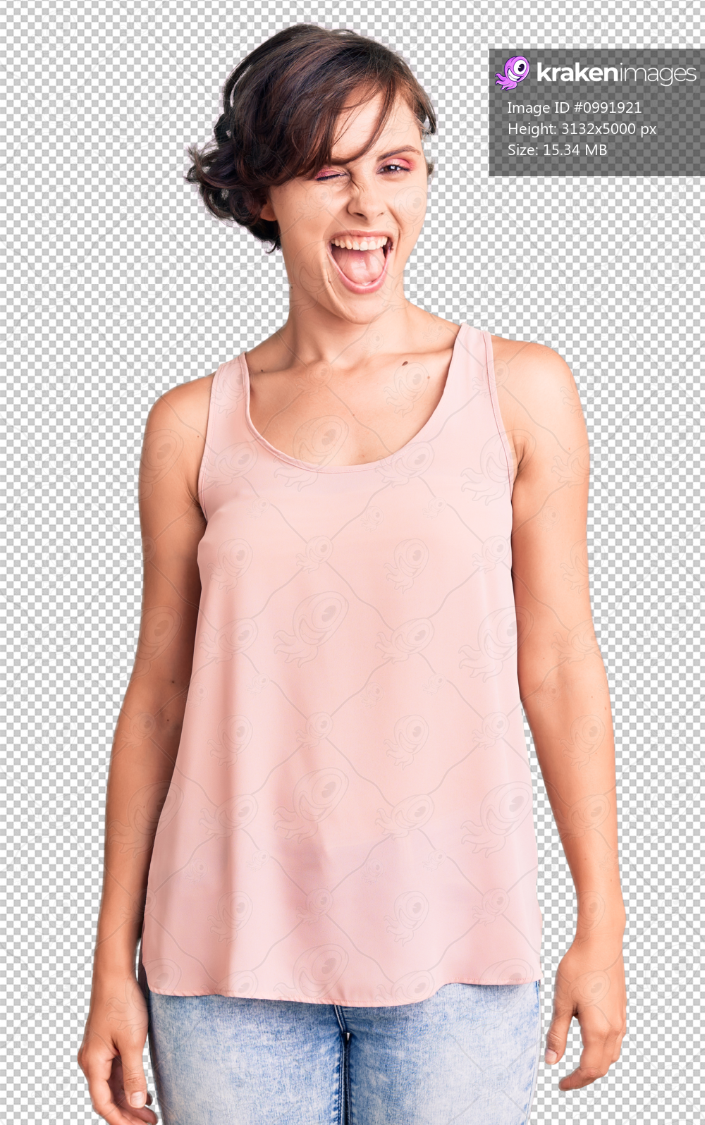 Beautiful young woman with short hair wearing casual style with sleeveless shirt winking looking at the camera with sexy expression, cheerful and happy face.