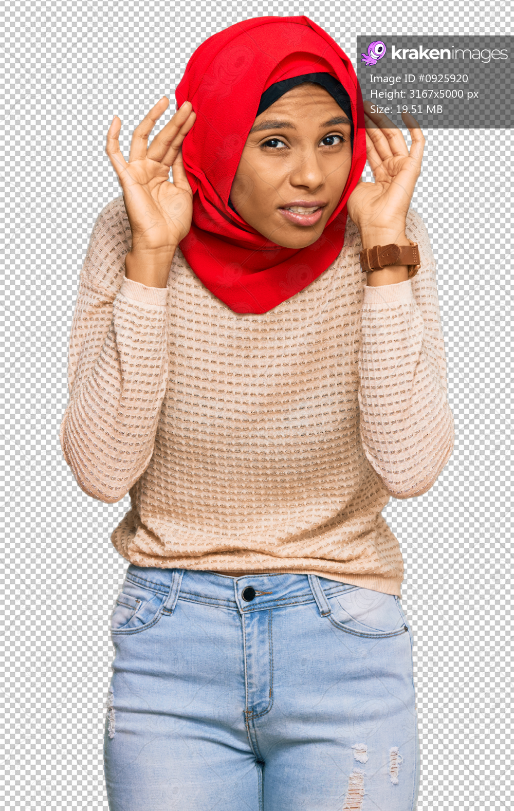 Young african american woman wearing traditional islamic hijab scarf trying to hear both hands on ear gesture, curious for gossip. hearing problem, deaf