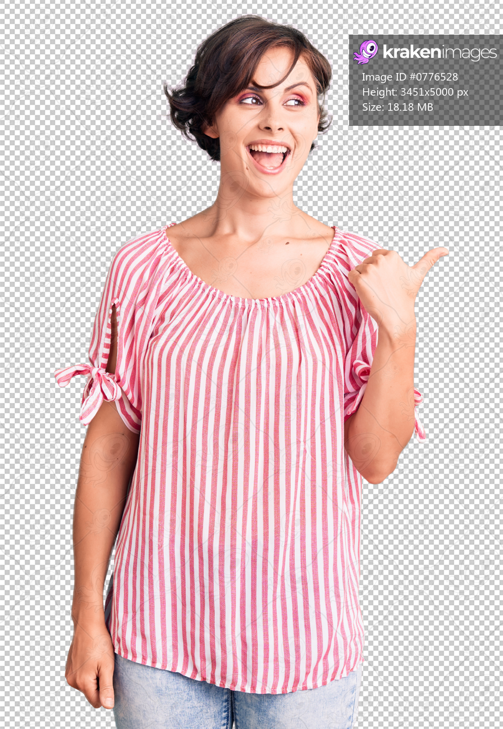 Beautiful young woman with short hair wearing casual summer clothes smiling with happy face looking and pointing to the side with thumb up.