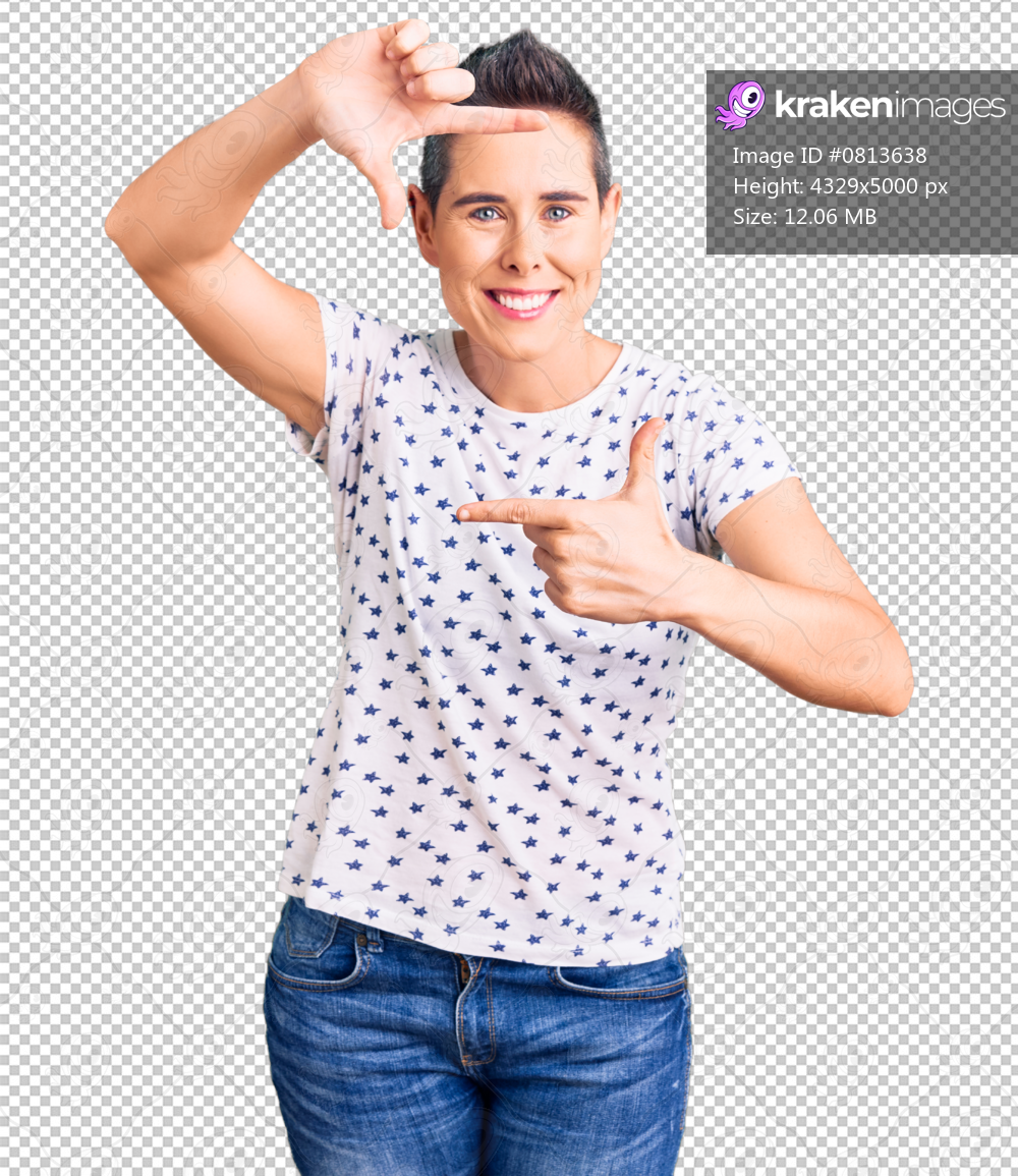 Young woman with short hair wearing casual clothes smiling making frame with hands and fingers with happy face. creativity and photography concept.