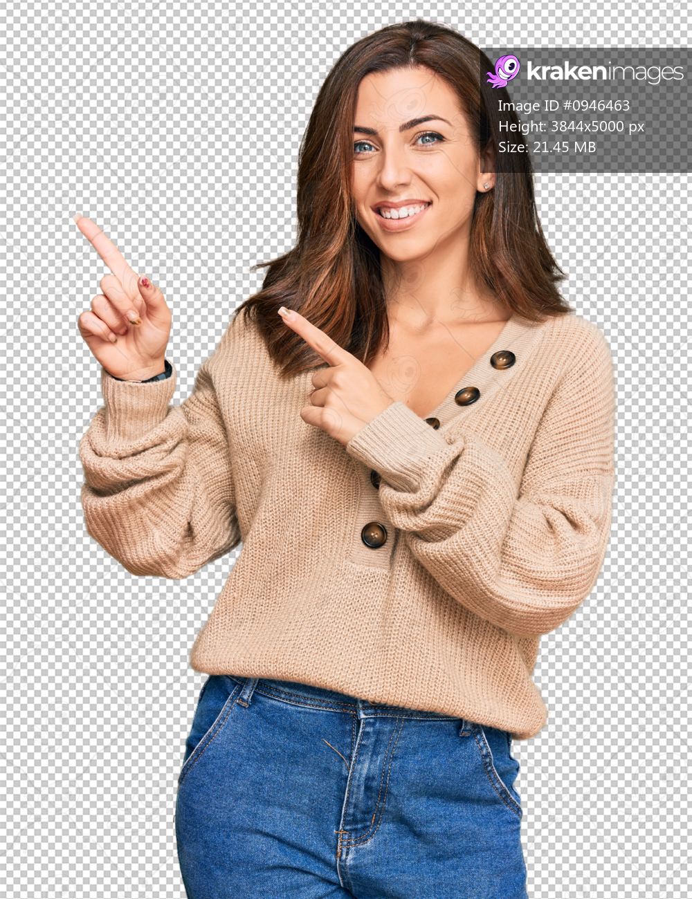 Young brunette woman wearing casual winter sweater smiling and looking at the camera pointing with two hands and fingers to the side.
