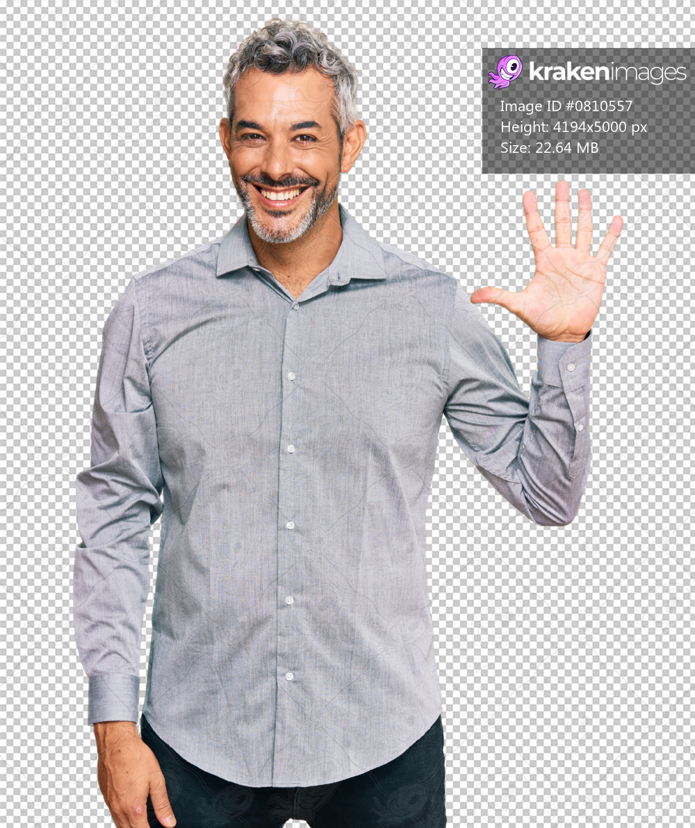 Middle age grey-haired man wearing casual clothes showing and pointing up with fingers number five while smiling confident and happy.