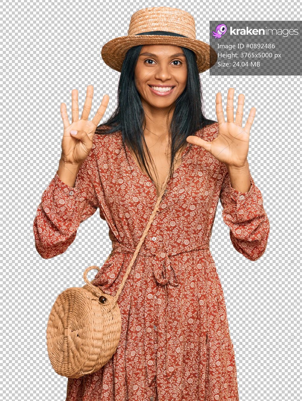 Young african american woman wearing summer hat showing and pointing up with fingers number nine while smiling confident and happy.