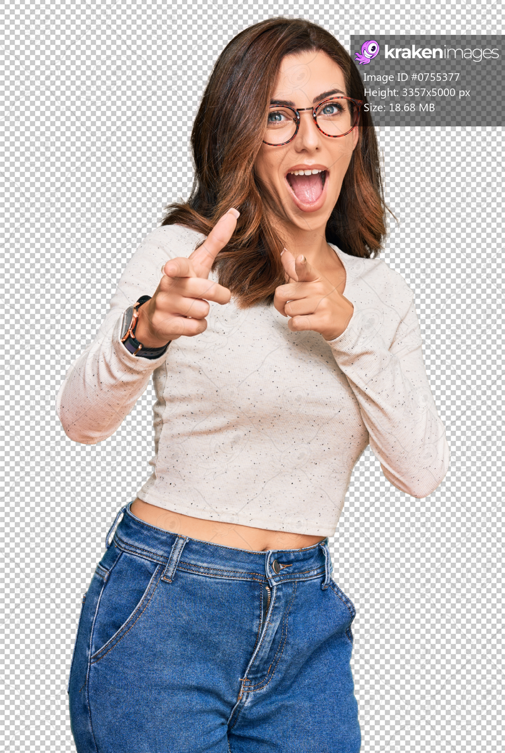Young brunette woman wearing casual clothes and glasses pointing fingers to camera with happy and funny face. good energy and vibes.