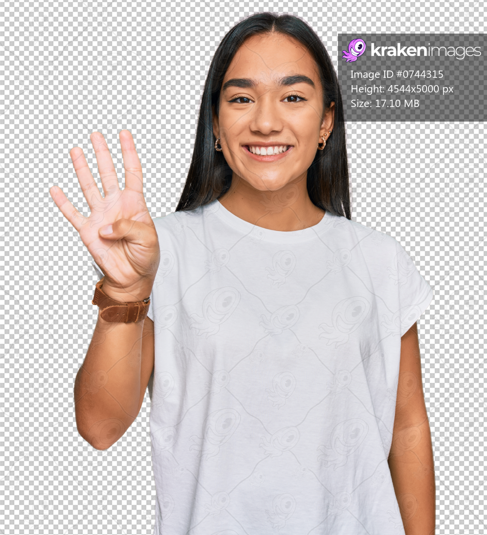 Young asian woman wearing casual white t shirt showing and pointing up with fingers number four while smiling confident and happy.