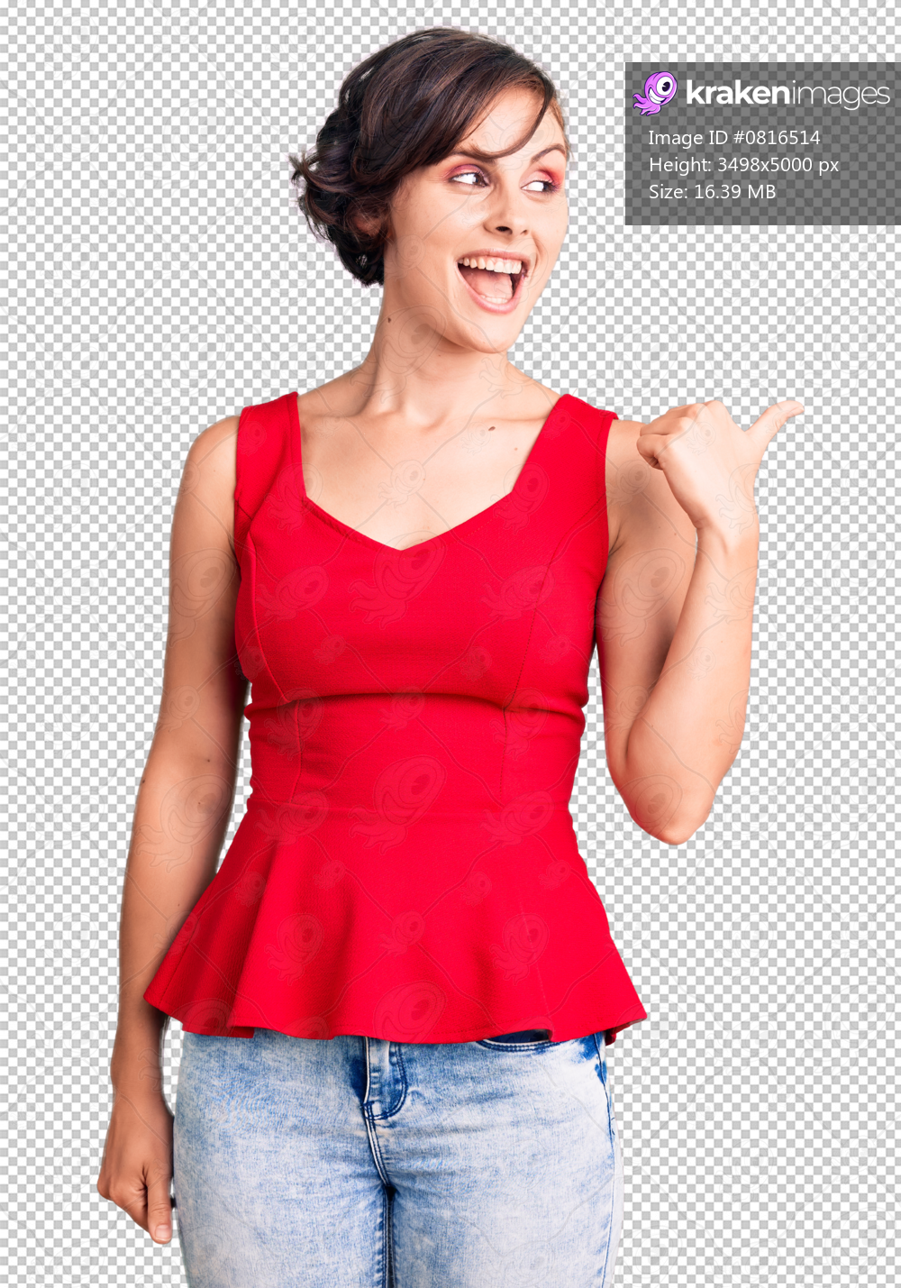 Beautiful young woman with short hair wearing casual style with sleeveless shirt smiling with happy face looking and pointing to the side with thumb up.