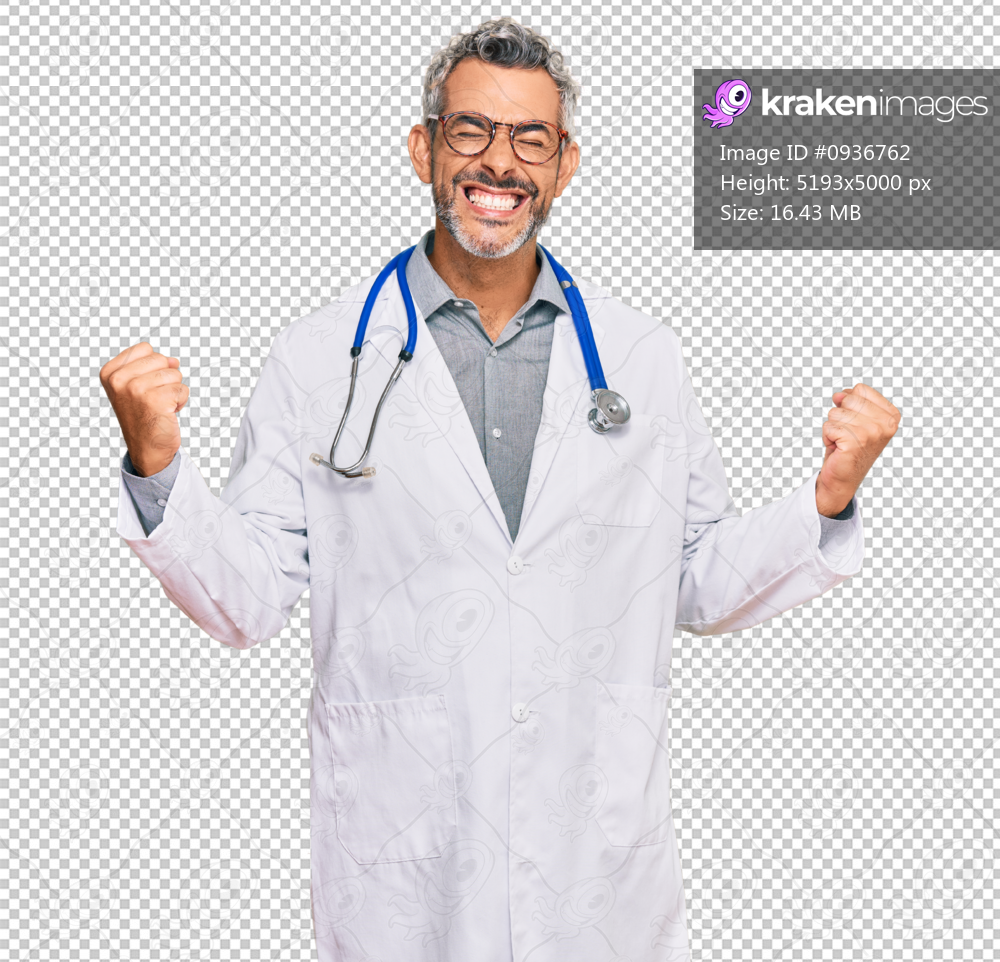 Middle age grey-haired man wearing doctor uniform and stethoscope very happy and excited doing winner gesture with arms raised, smiling and screaming for success. celebration concept.