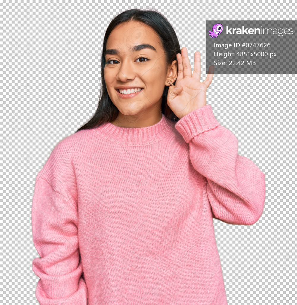 Young asian woman wearing casual winter sweater smiling with hand over ear listening an hearing to rumor or gossip. deafness concept.