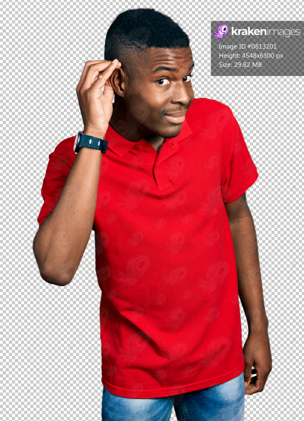 Young african american man wearing casual red t shirt smiling with hand over ear listening an hearing to rumor or gossip. deafness concept.