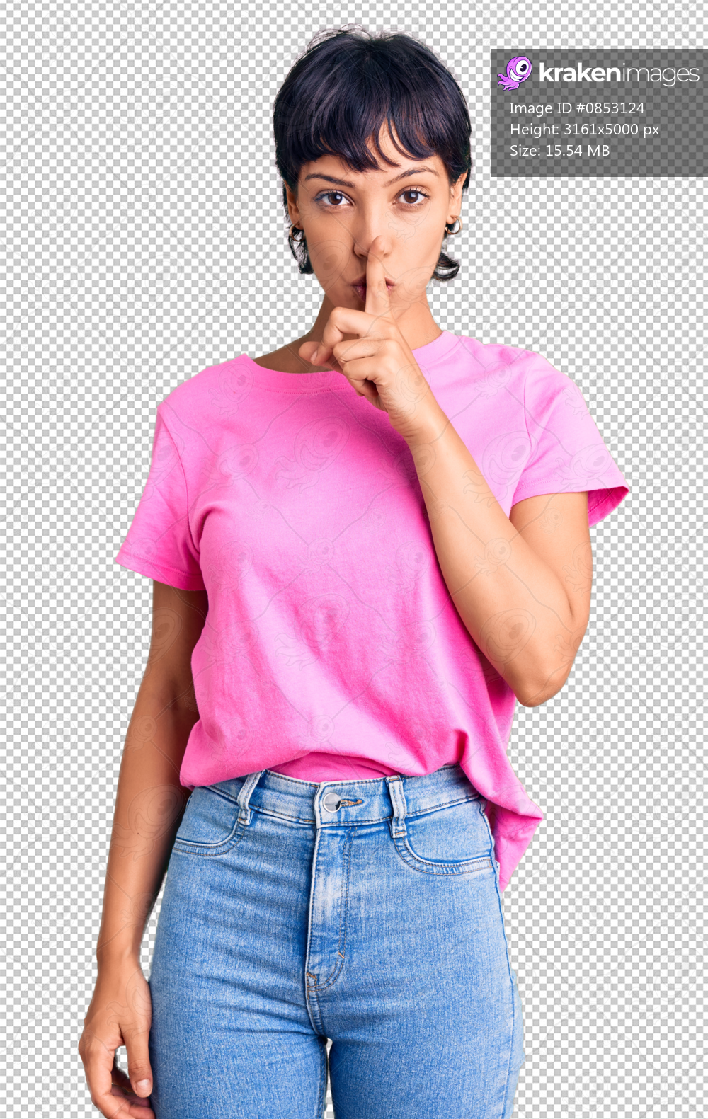 Young brunette woman with short hair wearing casual clothes asking to be quiet with finger on lips. silence and secret concept.