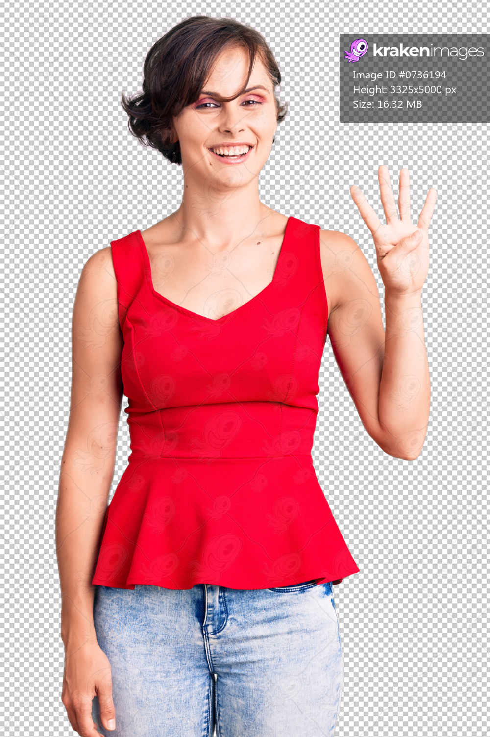 Beautiful young woman with short hair wearing casual style with sleeveless shirt showing and pointing up with fingers number four while smiling confident and happy.