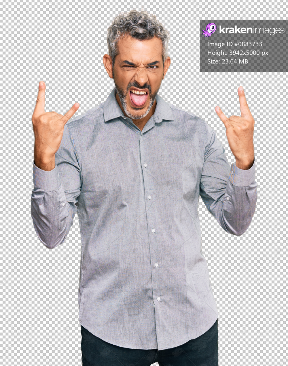 Middle age grey-haired man wearing casual clothes shouting with crazy expression doing rock symbol with hands up. music star. heavy concept.