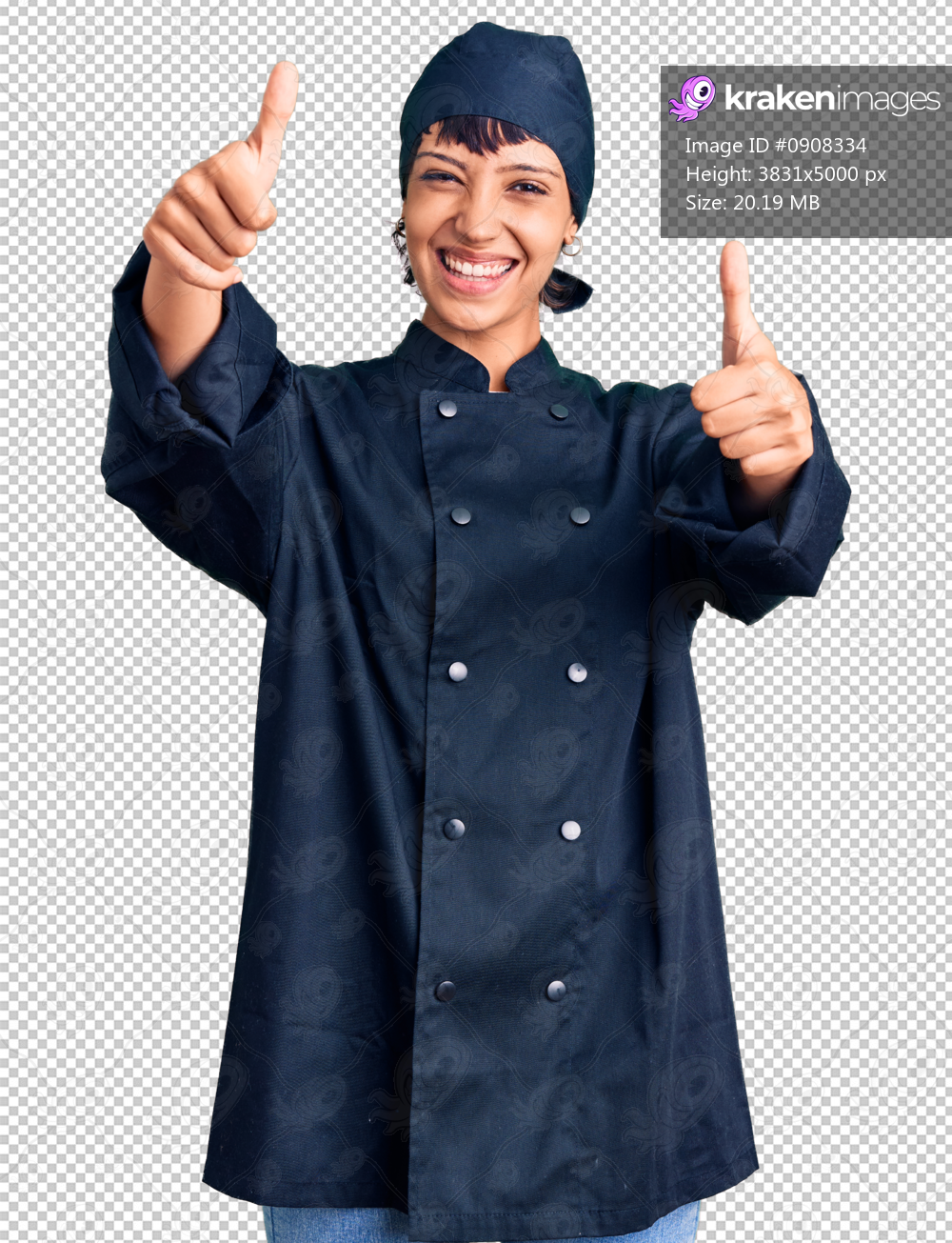 Young brunette woman with short hair wearing professional cook uniform approving doing positive gesture with hand, thumbs up smiling and happy for success. winner gesture.