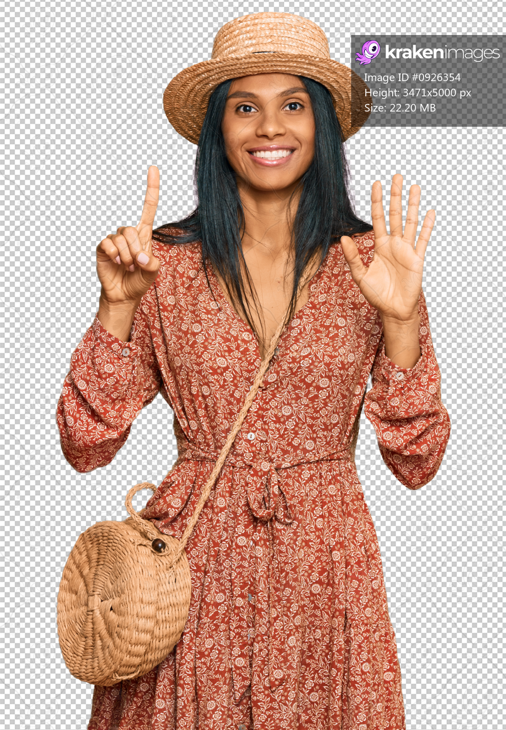 Young african american woman wearing summer hat showing and pointing up with fingers number six while smiling confident and happy.