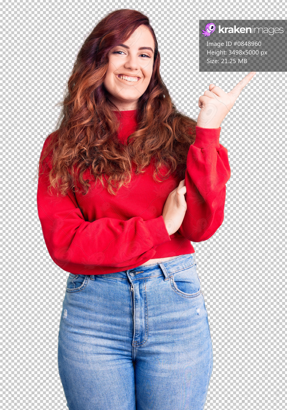 Young beautiful woman wearing casual winter sweater with a big smile on face, pointing with hand and finger to the side looking at the camera.