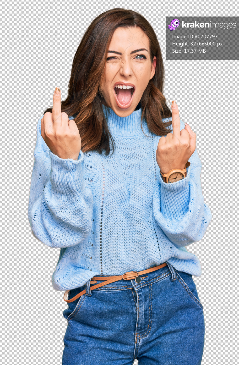 Young brunette woman wearing casual winter sweater showing middle finger doing fuck you bad expression, provocation and rude attitude. screaming excited