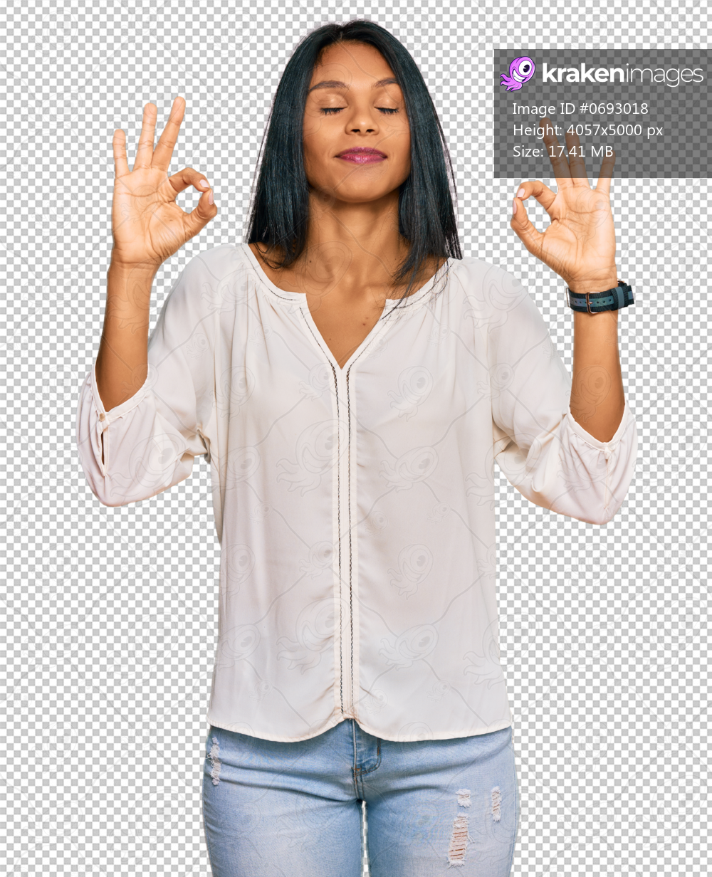Young african american woman wearing casual clothes relax and smiling with eyes closed doing meditation gesture with fingers. yoga concept.