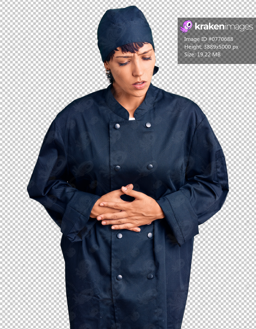 Young brunette woman with short hair wearing professional cook uniform with hand on stomach because indigestion, painful illness feeling unwell. ache concept.