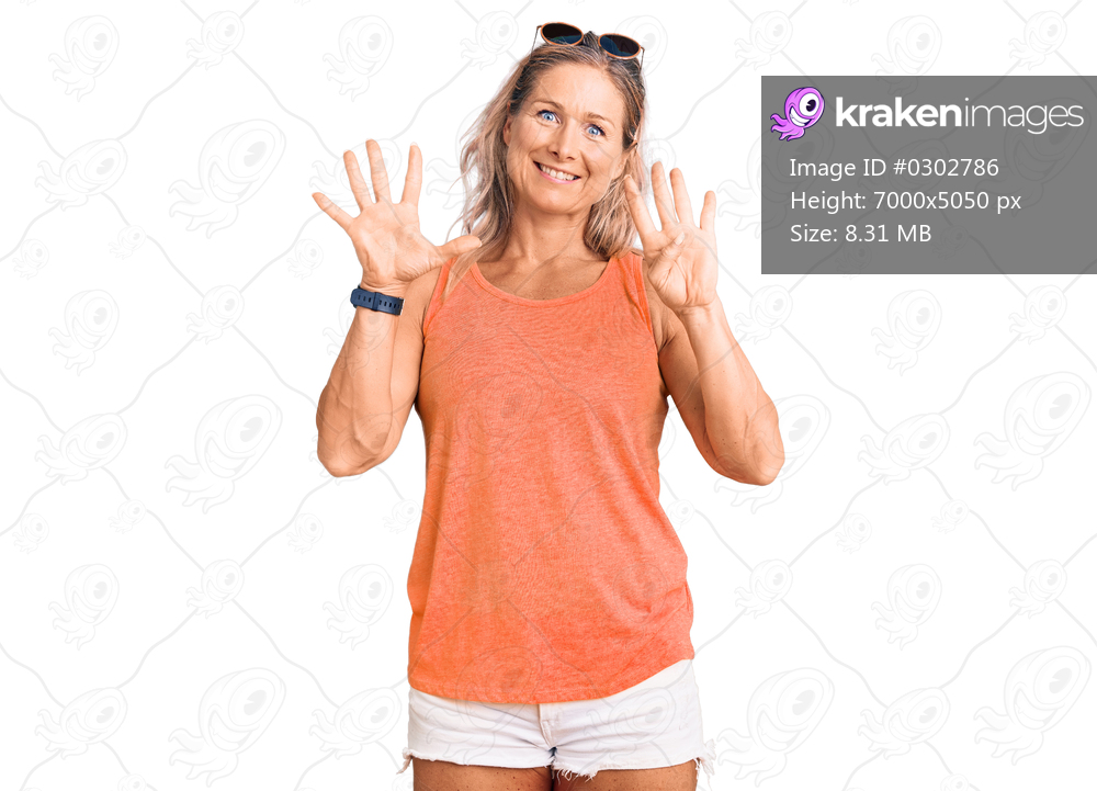 Middle age fit blonde woman wearing casual summer clothes and sunglasses showing and pointing up with fingers number nine while smiling confident and happy. 