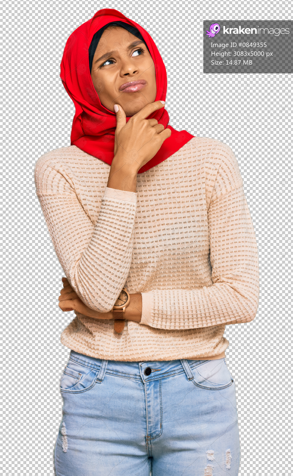 Young african american woman wearing traditional islamic hijab scarf thinking worried about a question, concerned and nervous with hand on chin