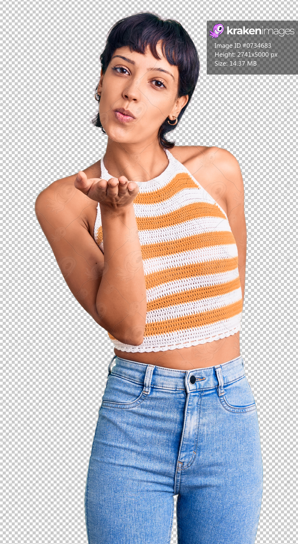 Young brunette woman with short hair wearing casual clothes looking at the camera blowing a kiss with hand on air being lovely and sexy. love expression.