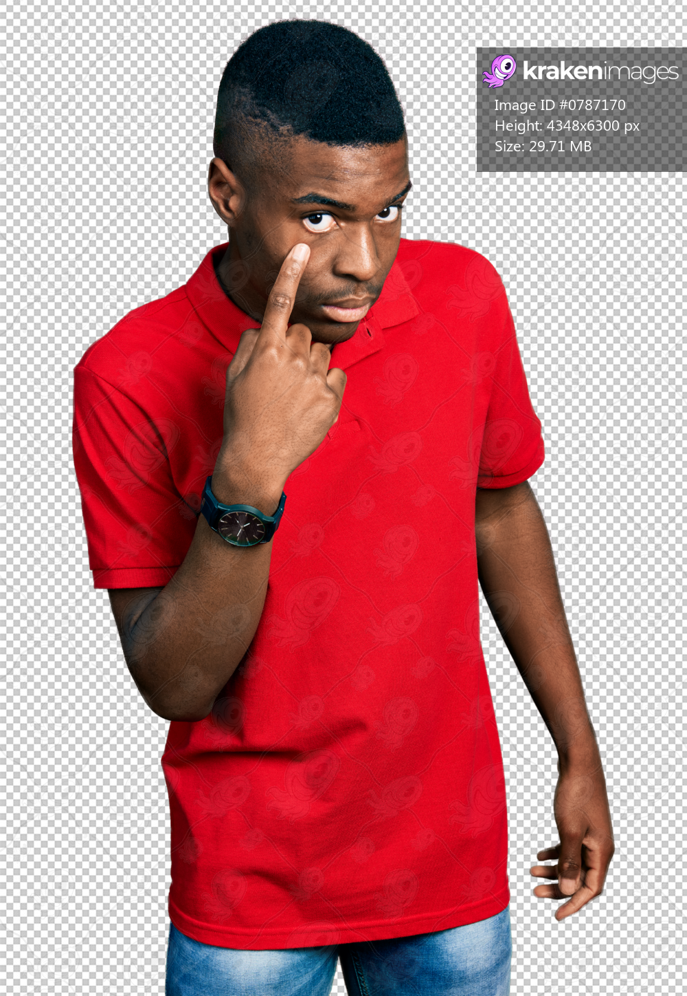 Young african american man wearing casual red t shirt pointing to the eye watching you gesture, suspicious expression