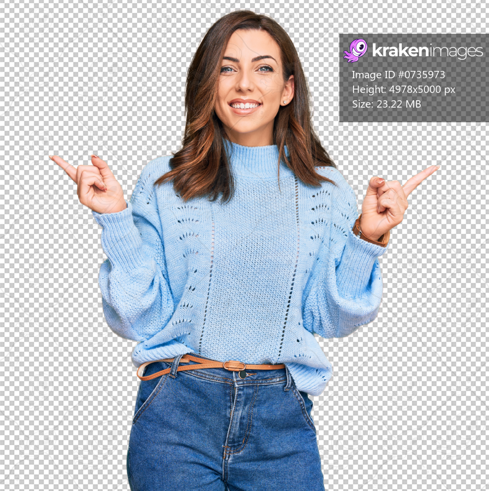 Young brunette woman wearing casual winter sweater smiling confident pointing with fingers to different directions. copy space for advertisement