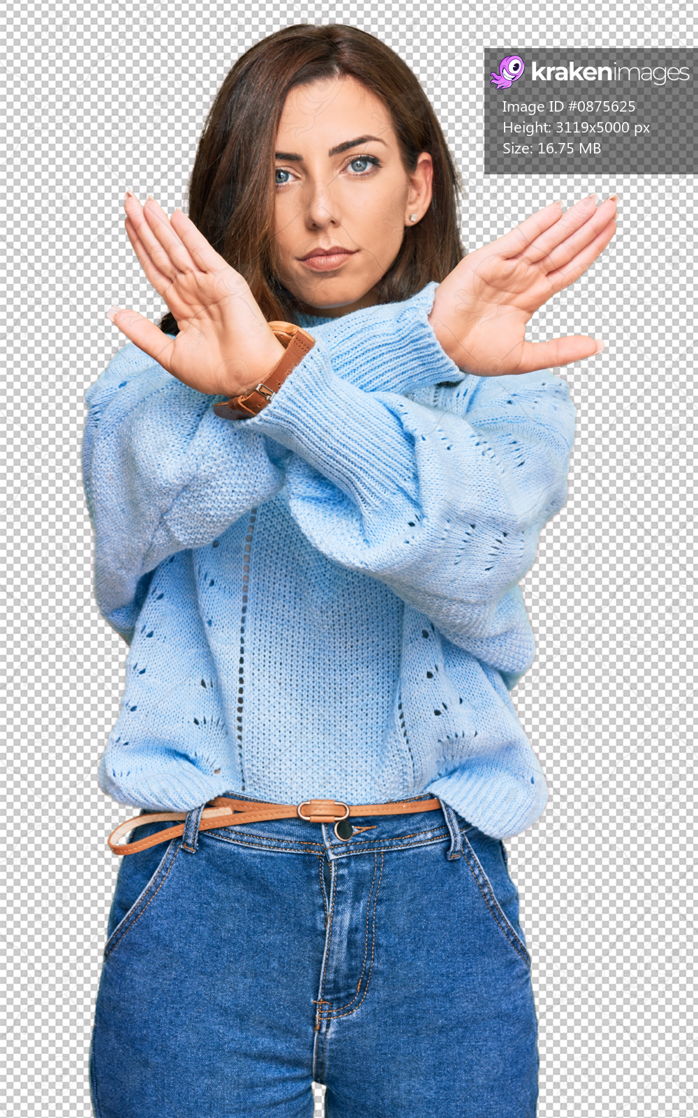 Young brunette woman wearing casual winter sweater rejection expression crossing arms and palms doing negative sign, angry face