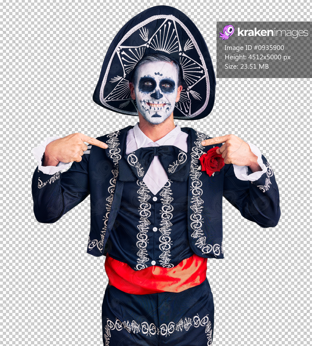 Young man wearing day of the dead costume over background looking confident with smile on face, pointing oneself with fingers proud and happy.