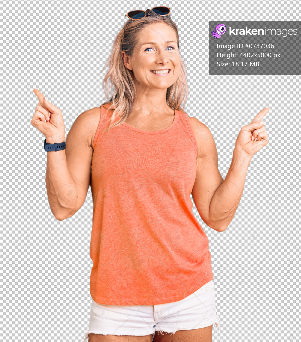 Middle age fit blonde woman wearing casual summer clothes and sunglasses smiling confident pointing with fingers to different directions. copy space for advertisement
