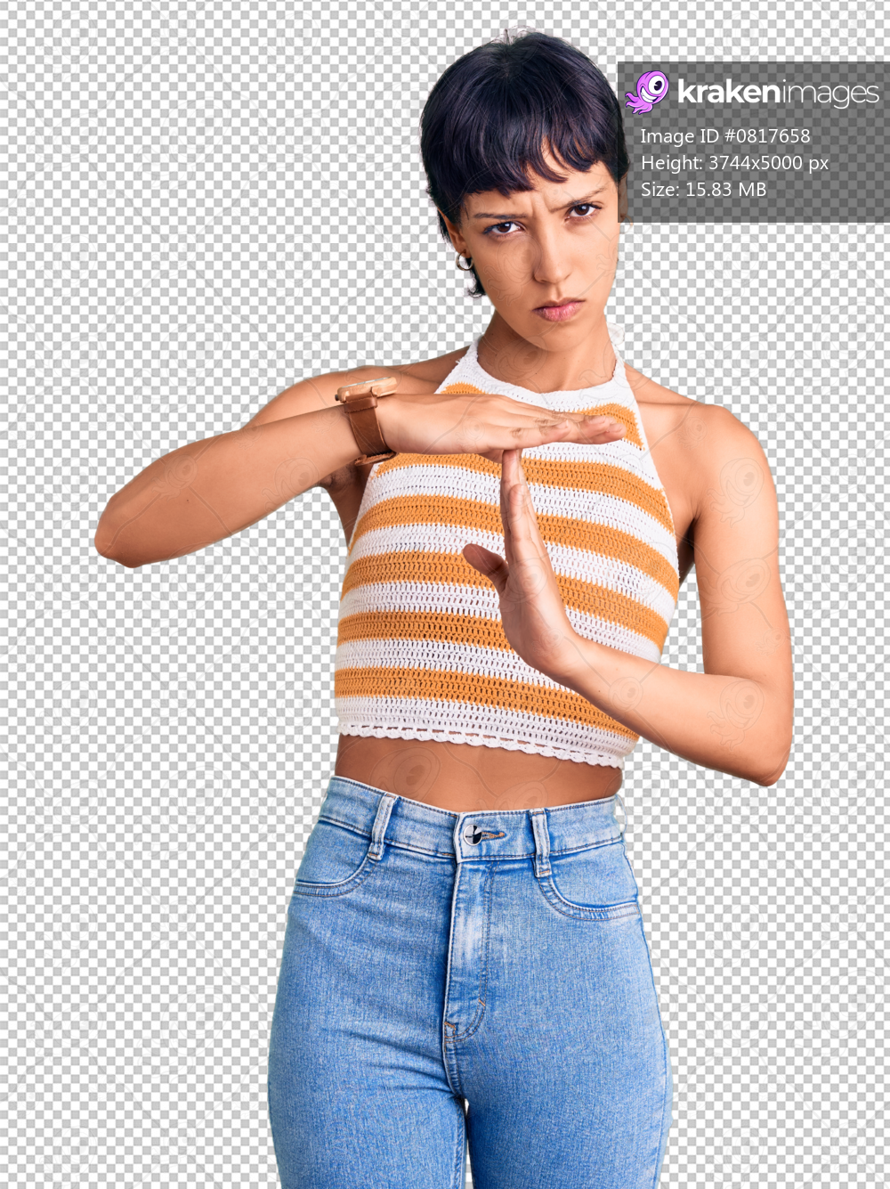 Young brunette woman with short hair wearing casual clothes doing time out gesture with hands, frustrated and serious face