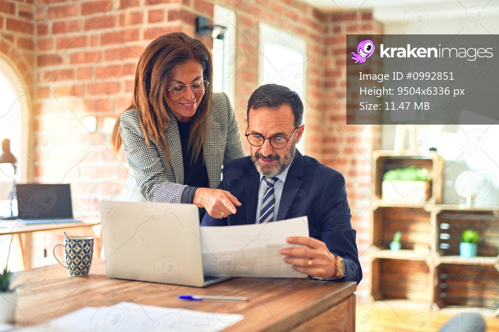 Two middle age business workers smiling happy and confident. Working together with smile on face using laptop at the office