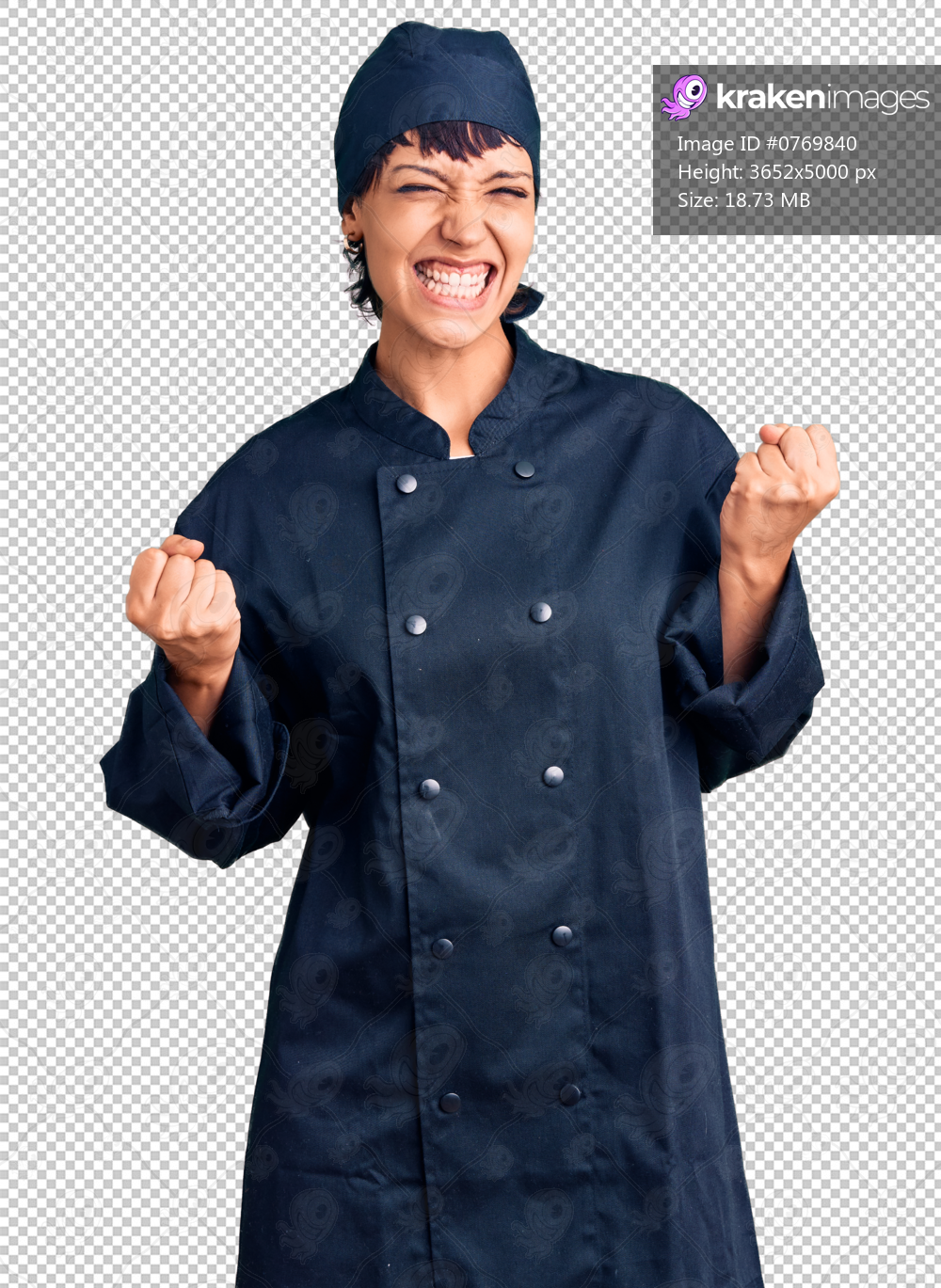 Young brunette woman with short hair wearing professional cook uniform excited for success with arms raised and eyes closed celebrating victory smiling. winner concept.