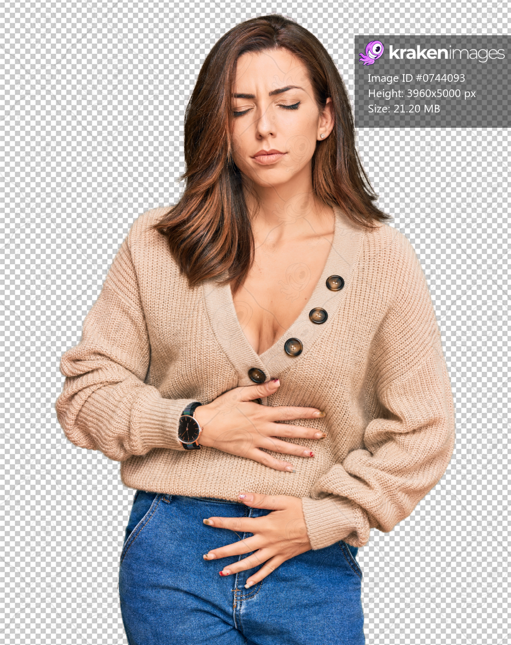 Young brunette woman wearing casual winter sweater with hand on stomach because indigestion, painful illness feeling unwell. ache concept.