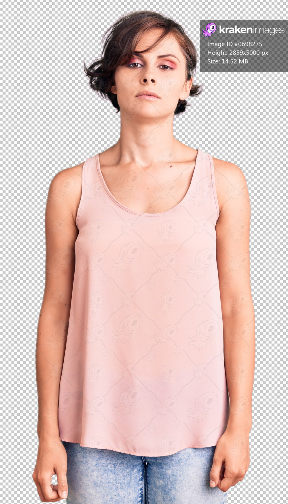 Beautiful young woman with short hair wearing casual style with sleeveless shirt relaxed with serious expression on face. simple and natural looking at the camera.