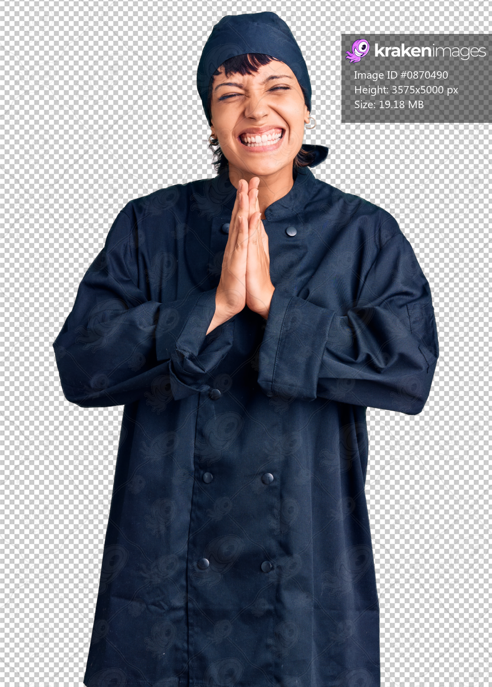 Young brunette woman with short hair wearing professional cook uniform praying with hands together asking for forgiveness smiling confident.